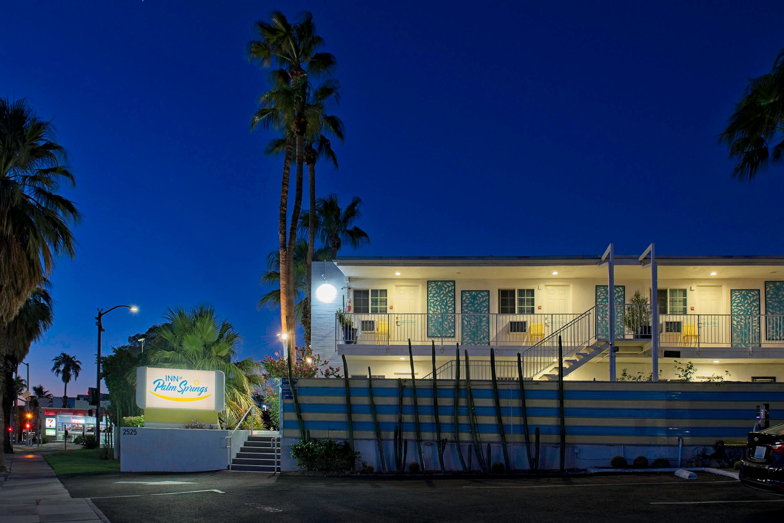 Exterior and signage at dusk